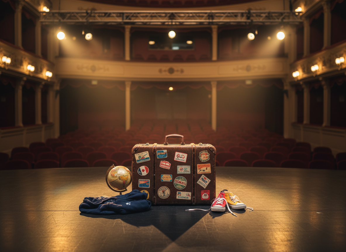 A polished wooden theater stage with a single, intricately detailed suitcase at center, its exterior covered in a mosaic of worn travel stickers from many countries. Around the suitcase lie a neatly folded child-sized jacket, a small globe with visible continents, and a pair of bright, mismatched sneakers, all resting on the dark, matte stage floor. Overhead, warm theatrical spotlights create a soft cone of light, leaving the empty velvet seats in the background in gentle shadow. Photographic realism at eye-level, using shallow depth of field so the suitcase is in crisp focus while the theater melts into a subtle bokeh, conveying a sophisticated, hopeful mood of stories about to be told.